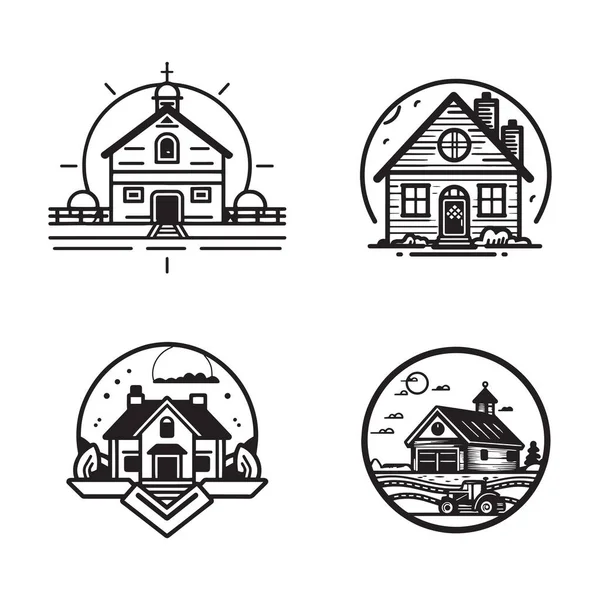 Logotipo Casa Fazenda Vintage Desenhado Mão Estilo Arte Linha Plana —  Vetores de Stock