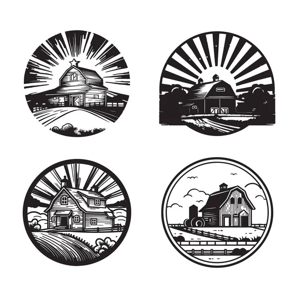 Logotipo Casa Granja Vintage Dibujado Mano Estilo Arte Línea Plana — Archivo Imágenes Vectoriales