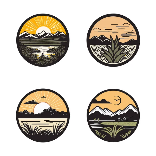 手描きヴィンテージ自然とフィールドロゴを背景に孤立したフラットラインアートスタイルで描く — ストックベクタ