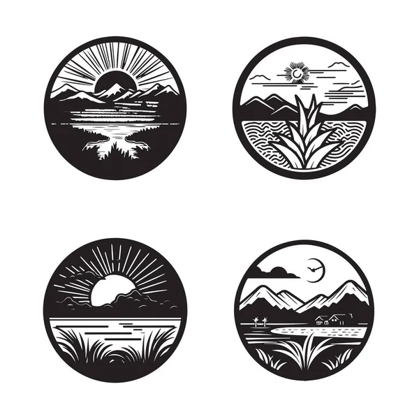 Handgetekende Vintage Natuur Velden Logo Vlakke Lijn Kunst Stijl Geïsoleerd — Stockvector