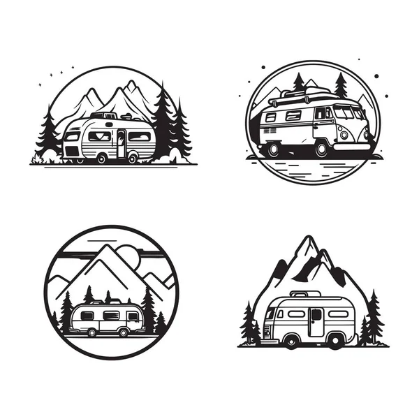 Hand Drawn Vintage Camping Van Logo Flat Line Art Style — Stock Vector
