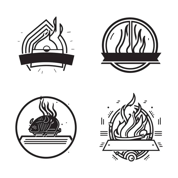 Hand Drawn Vintage Fire Barbecue Logo Flat Line Art Style — Stock Vector