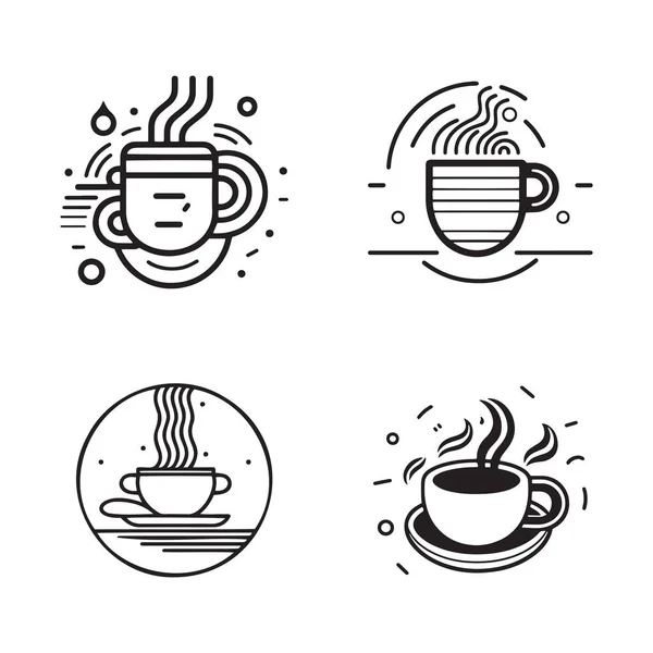 Handgezeichnetes Vintage Hot Coffee Logo Flat Line Art Style Isoliert — Stockvektor