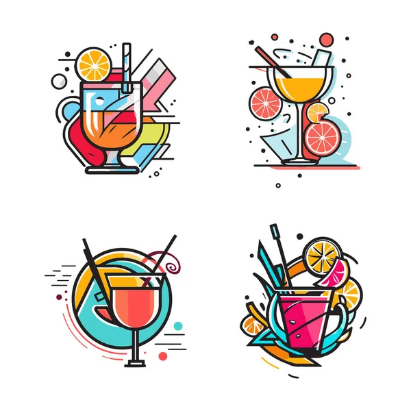 Hand Drawn Vintage Cocktail Logo Flat Line Art Style Isolated — Stock Vector