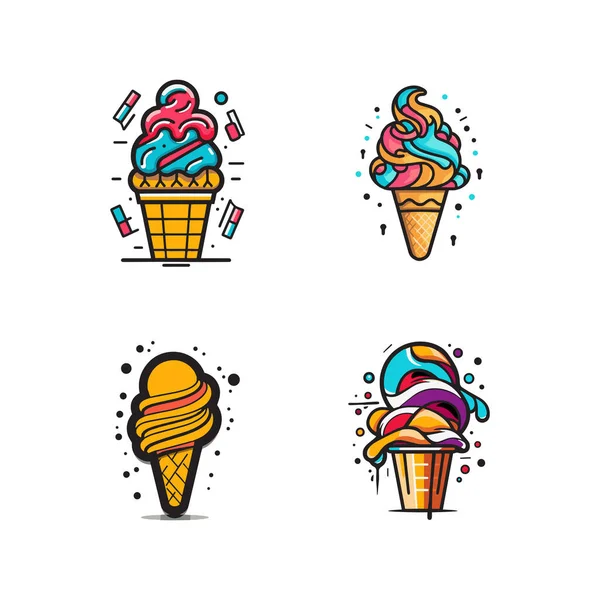 Hand Drawn Vintage Ice Cream Shop Logo Flat Line Art — Stock Vector