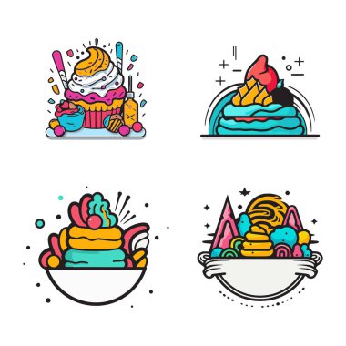 El yapımı vintage tatlılar ve pasta logosu arka planda izole edilmiş düz çizgi sanat tarzında.