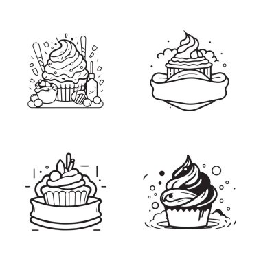 El yapımı vintage tatlılar ve pasta logosu arka planda izole edilmiş düz çizgi sanat tarzında.