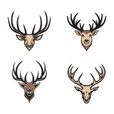 El çizimi, arka planda izole edilmiş düz çizgili geyik kafası logosu.