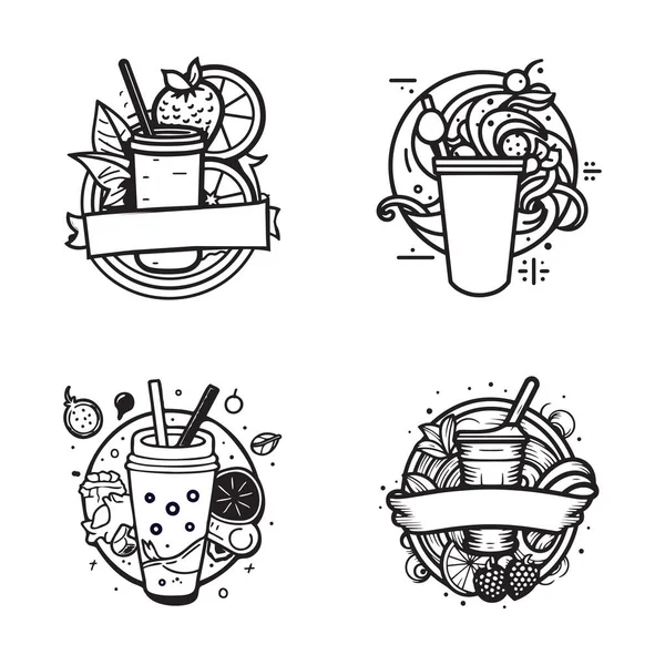 手描きヴィンテージフルーツとジュースのロゴをフラットラインアートスタイルで背景に孤立 — ストックベクタ