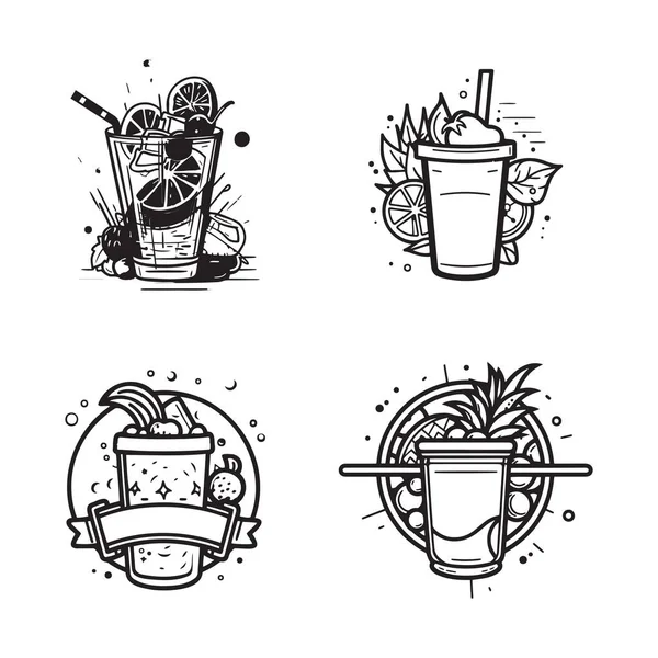 手描きヴィンテージフルーツとジュースのロゴをフラットラインアートスタイルで背景に孤立 — ストックベクタ