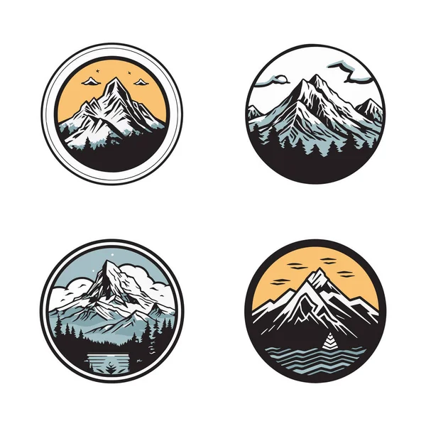 Logo Montagne Vintage Dessiné Main Dans Style Art Plat Isolé — Image vectorielle