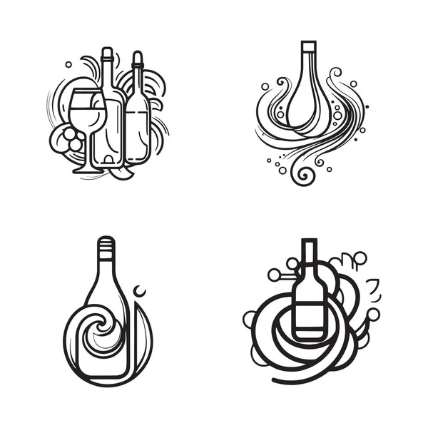 Hand Ritade Vintage Vin Flaska Logotyp Platt Linje Konst Stil — Stock vektor