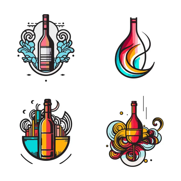 Hand Drawn Vintage Wine Bottle Logo Flat Line Art Style — Stock Vector