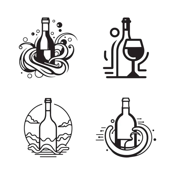 Hand Drawn Vintage Wine Bottle Logo Flat Line Art Style — Stock Vector