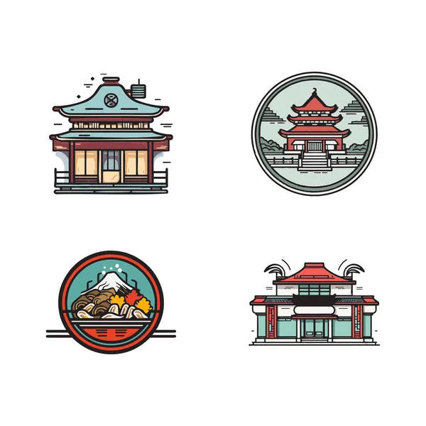 Hand Drawn Vintage Chinese Japanese Restaurant Flat Line Art Style — Stock Vector