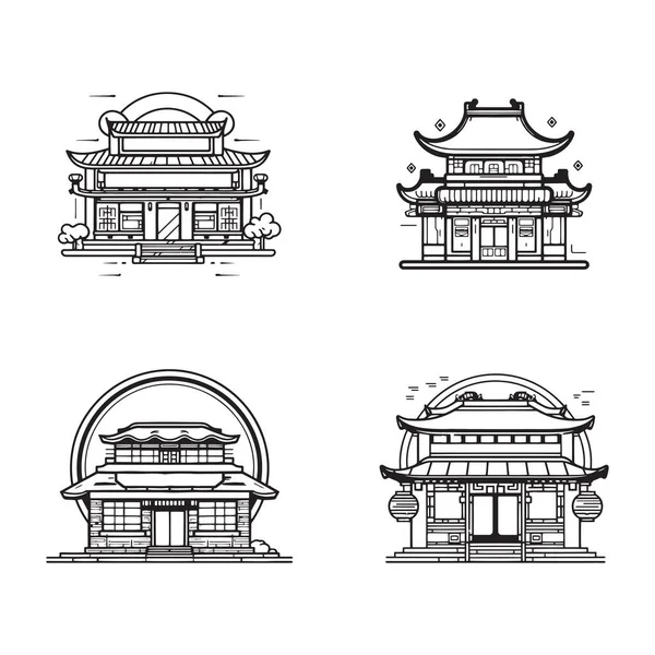 Hand Drawn Vintage Kinesiska Eller Japanska Restaurang Platt Linje Konst — Stock vektor