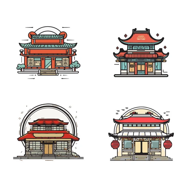 手描きのヴィンテージ中華料理や日本料理店を背景に孤立したフラットラインアートスタイルで描く — ストックベクタ