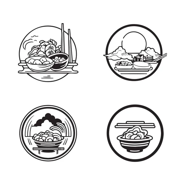 Hand Drawn Vintage Chinese Japanese Restaurant Flat Line Art Style — Stock Vector