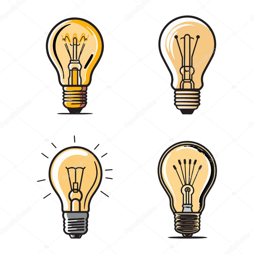 Hand Drawn vintage light bulb logo in flat line art style isolated on background
