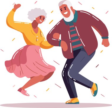 El çizimi mutlu yaşlı çift arka planda izole bir şekilde dans ediyor.