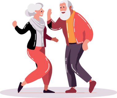 El çizimi mutlu yaşlı çift arka planda izole bir şekilde dans ediyor.