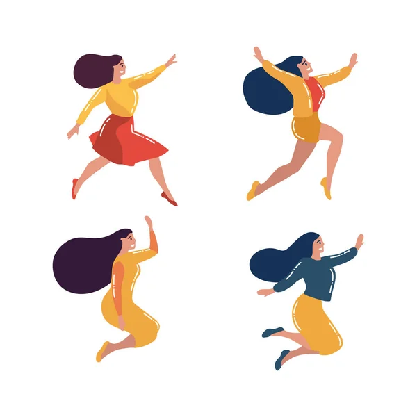 手绘女性角色在背景隔离的平面风格跳跃 — 图库矢量图片