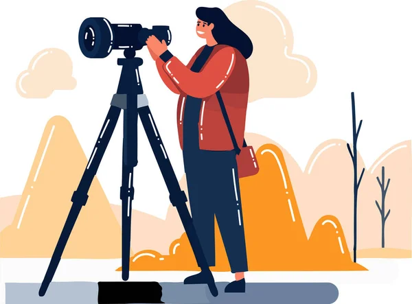 Hand Drawn Cameraman Camera Flat Style Isolated Background — Stock Vector