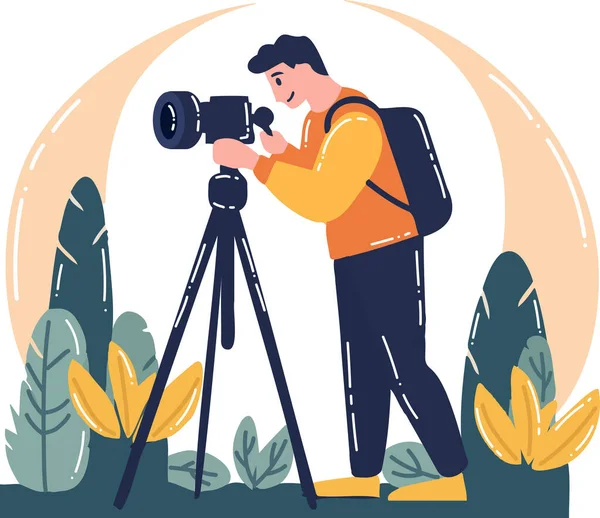 Cameraman Disegnato Mano Con Una Fotocamera Stile Piatto Isolato Sfondo — Vettoriale Stock