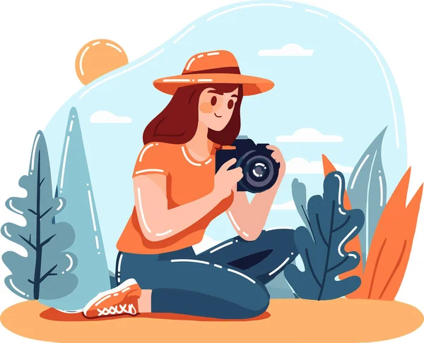 Hand Drawn Female Cameraman Camera Flat Style Isolated Background — Stock Vector