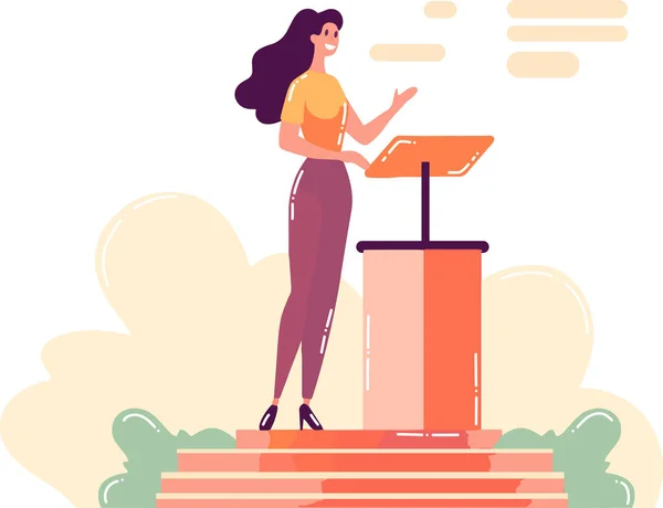 Hand Drawn Businesswoman Speaking Podium Flat Style Isolated Background — Stock Vector