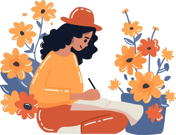 Ręcznie Rysowane Kobieta Artysta Siedzi Rysunek Ogrodzie Kwiat Stylu Płaskim — Wektor stockowy
