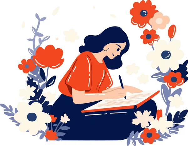 Hand Drawn Female Artist Sitting Drawing Flower Garden Flat Style — Stock Vector