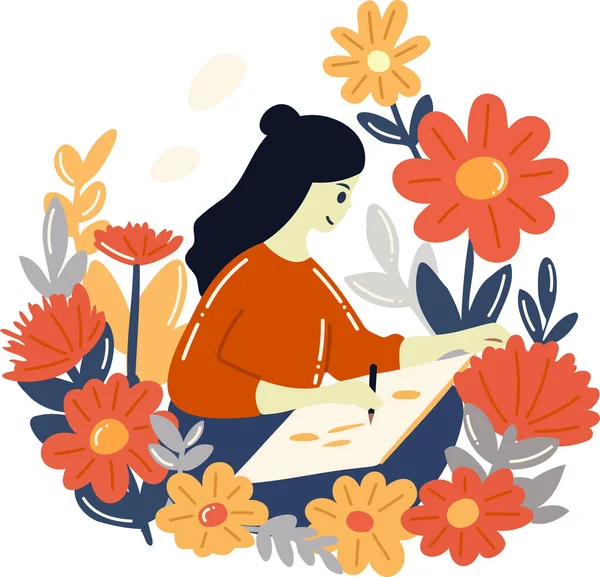 Ręcznie Rysowane Kobieta Artysta Siedzi Rysunek Ogrodzie Kwiat Stylu Płaskim — Wektor stockowy
