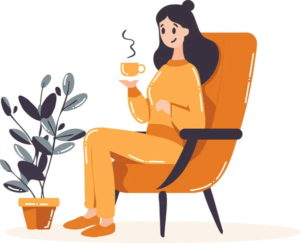 手描きの女性キャラクターが背景に隔離されたフラットスタイルで座ってコーヒーを飲みます — ストックベクタ