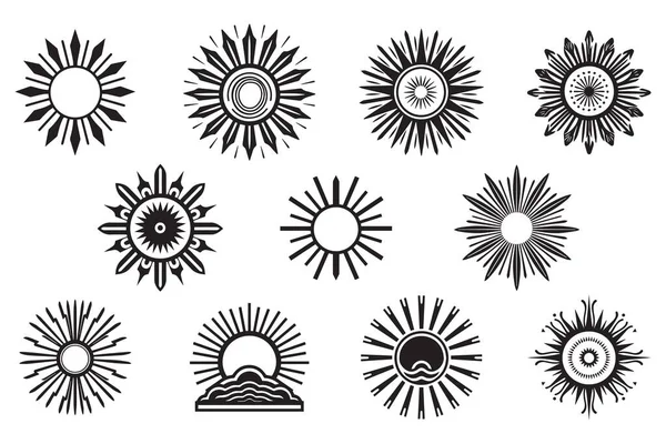 Χέρι Σχεδιασμένο Vintage Λαμπερό Λογότυπο Ήλιο Επίπεδο Στυλ Που Απομονώνονται — Διανυσματικό Αρχείο