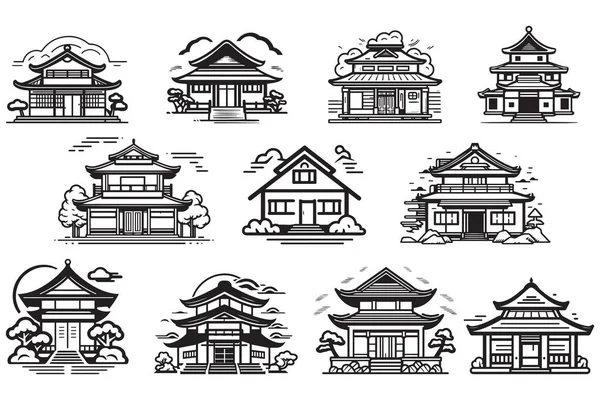 Mão Desenhado Minimalista Logotipo Casa Japonesa Estilo Plano Isolado Fundo —  Vetores de Stock