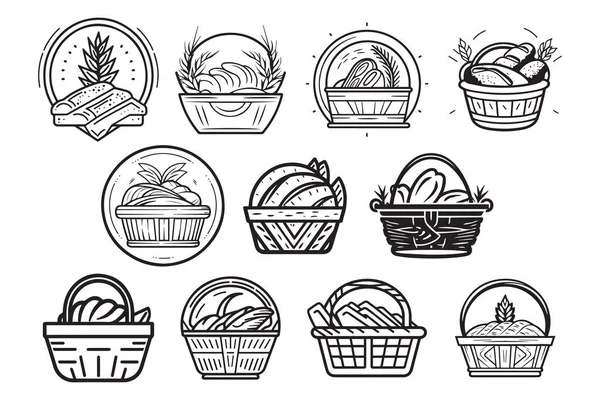 手描きのヴィンテージパンとバスケットのロゴを背景に隔離されたフラットなスタイルで描く — ストックベクタ
