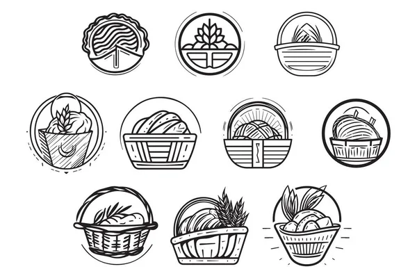 手描きのヴィンテージパンとバスケットのロゴを背景に隔離されたフラットなスタイルで描く — ストックベクタ