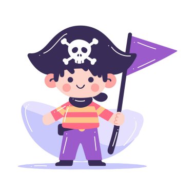 El çizimi, arka planda izole edilmiş, düz stil bir korsan çocuk.