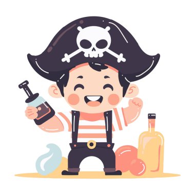 El çizimi, arka planda izole edilmiş, düz stil bir korsan çocuk.