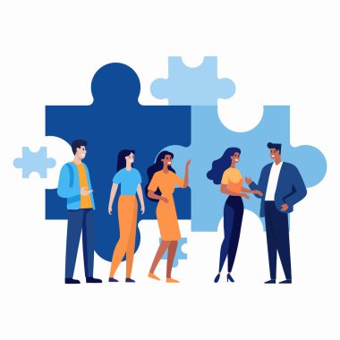 Arka planda düz stil yapboz kullanan el yapımı iş adamı izole edildi