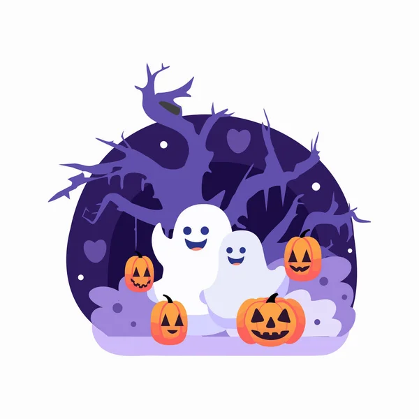Hand Drawn Halloween Cute Ghost Flat Style Isolated Background — Stock Vector