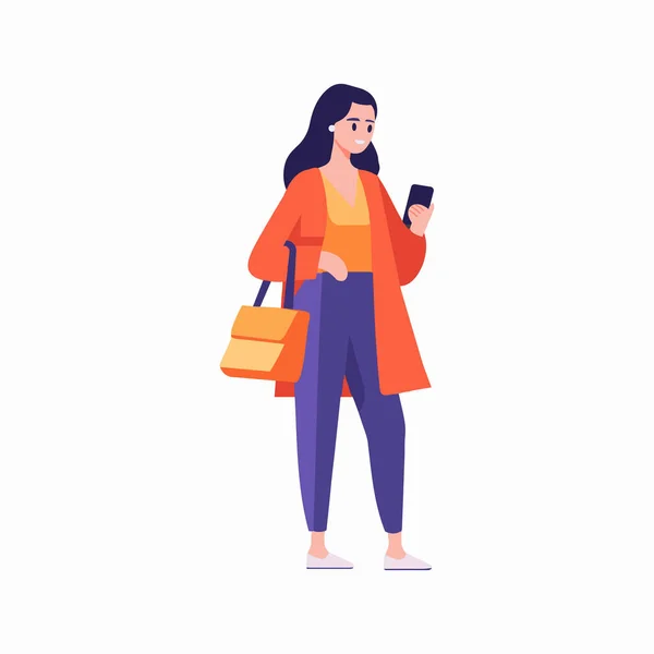 Mujer Dibujada Mano Caminando Con Teléfono Inteligente Estilo Plano Aislado — Vector de stock