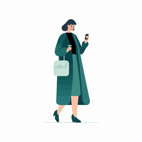 Hand Drawn Γυναίκα Περπάτημα Smartphone Επίπεδο Στυλ Που Απομονώνονται Στο — Διανυσματικό Αρχείο