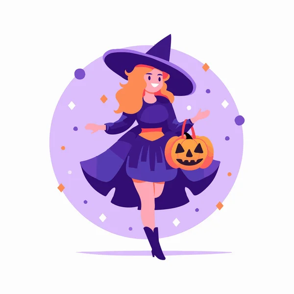Hand Drawn Halloween Cute Witch Flat Style Isolated Background — Stock Vector