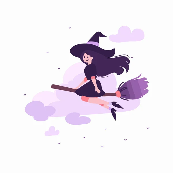 Hand Drawn Witch Riding Broomstick Flat Style Isolated Background — Stock Vector