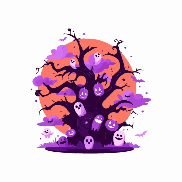 Ručně Kreslené Halloween Strom Plochém Stylu Izolované Pozadí — Stockový vektor