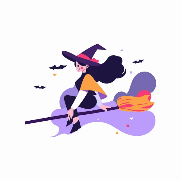 手绘一个女巫骑着扫帚在背景上被隔离的扁平风格 — 图库矢量图片