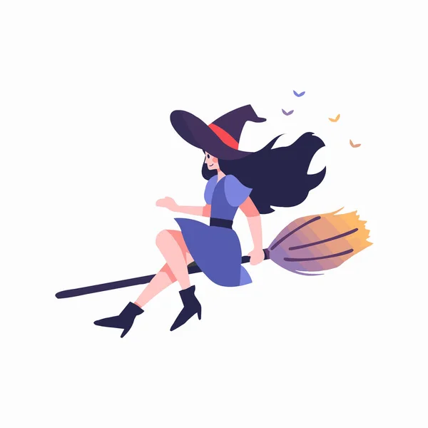 手绘一个女巫骑着扫帚在背景上被隔离的扁平风格 — 图库矢量图片