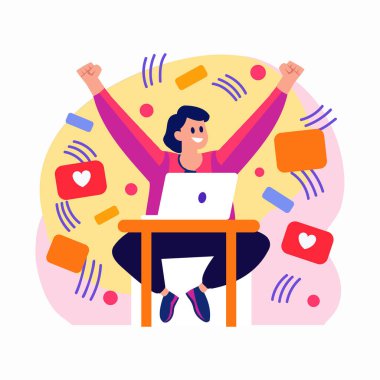 El Çizimi İşadamı arka planda izole edilmiş düz bir şekilde işi bitirmekten mutluluk duyar